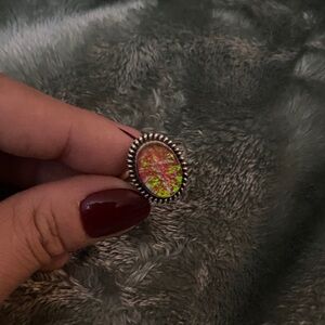Australian Triple Oval Opal Statement Ring in Pink-Green 925 Silver